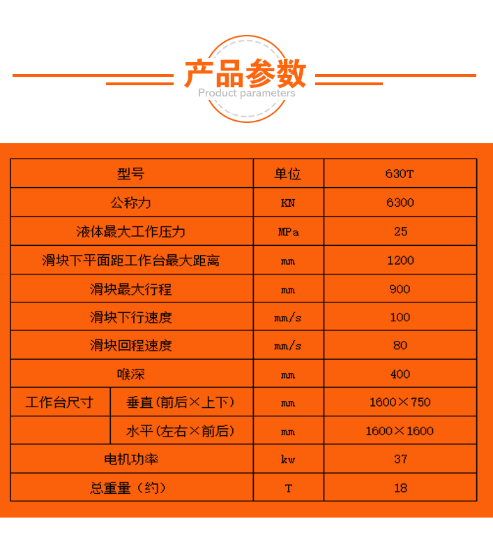 630噸四柱液壓機(jī)技術(shù)參數(shù)